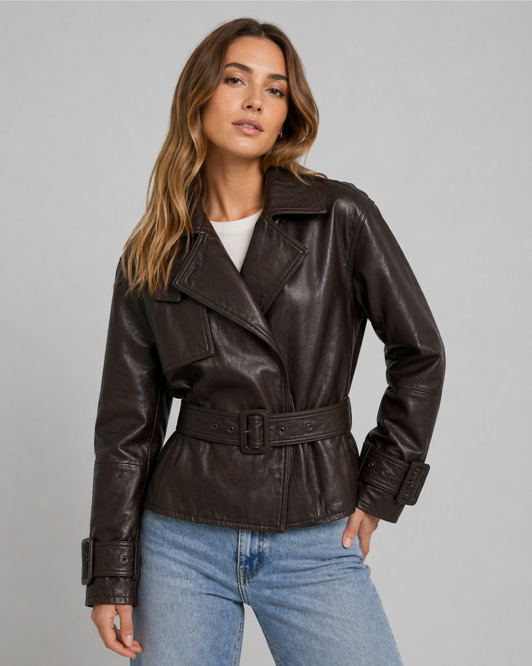 Monroe Espresso Belted Leather Jacket