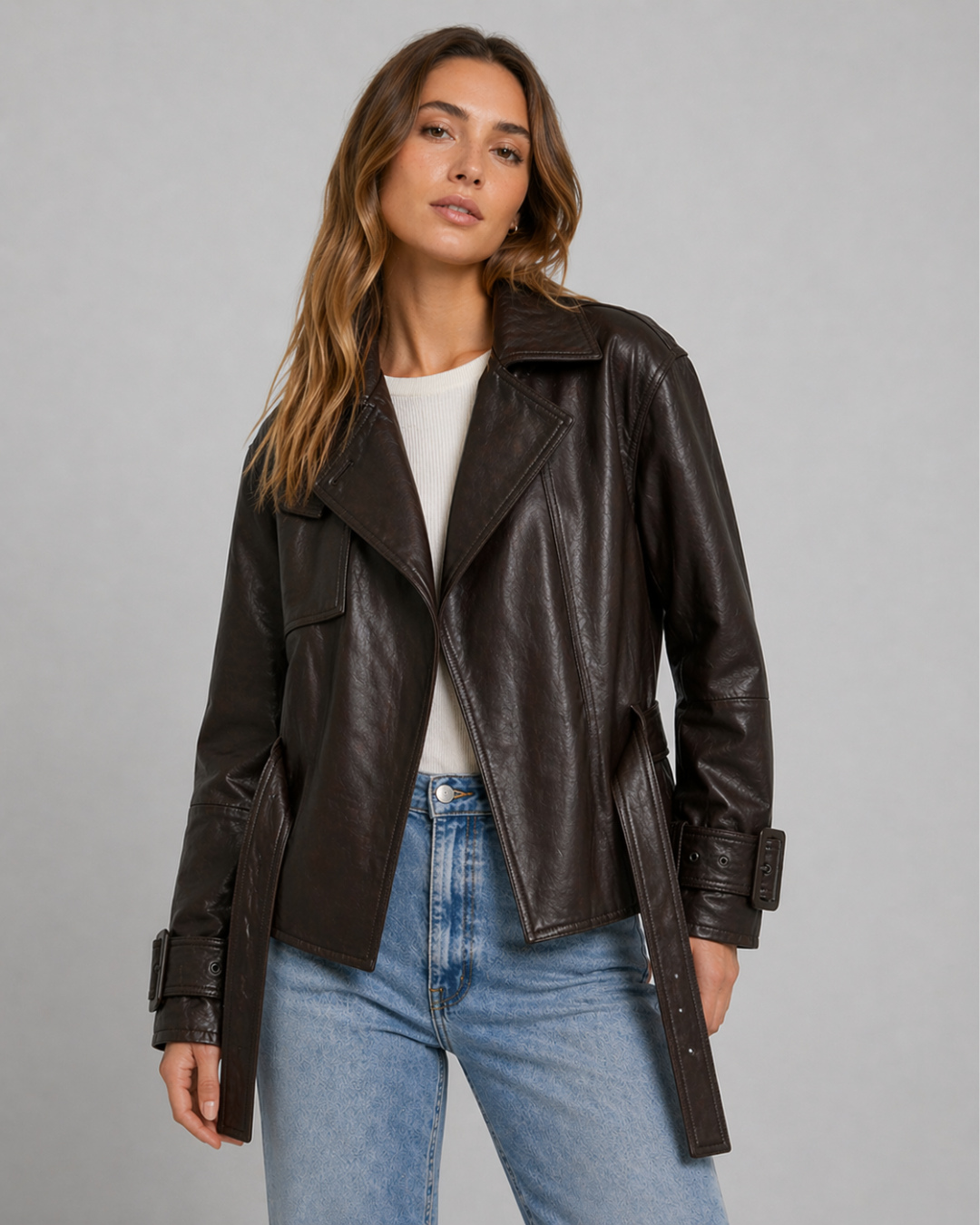 Monroe Espresso Belted Leather Jacket