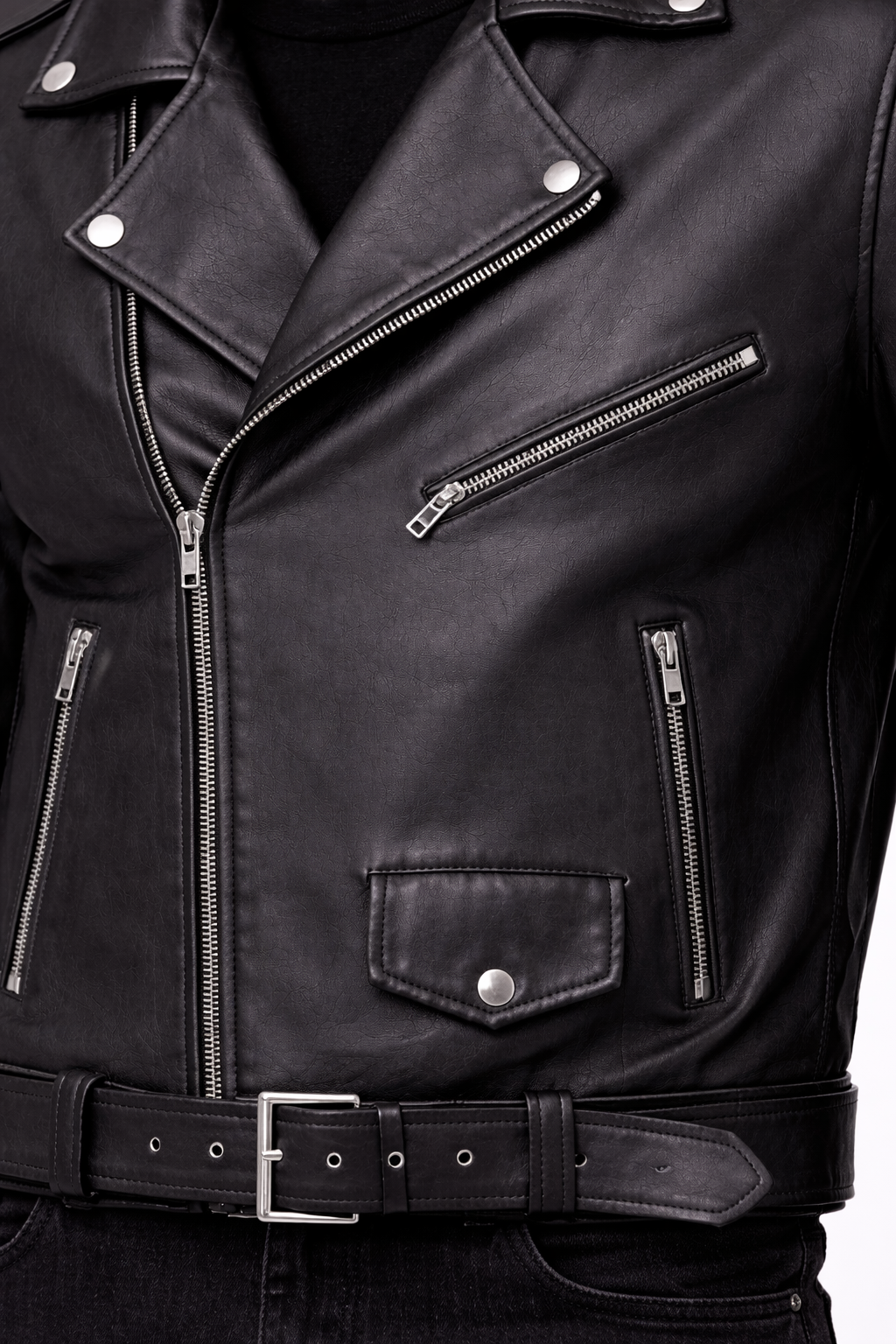 Classic Black Belted Biker Jacket