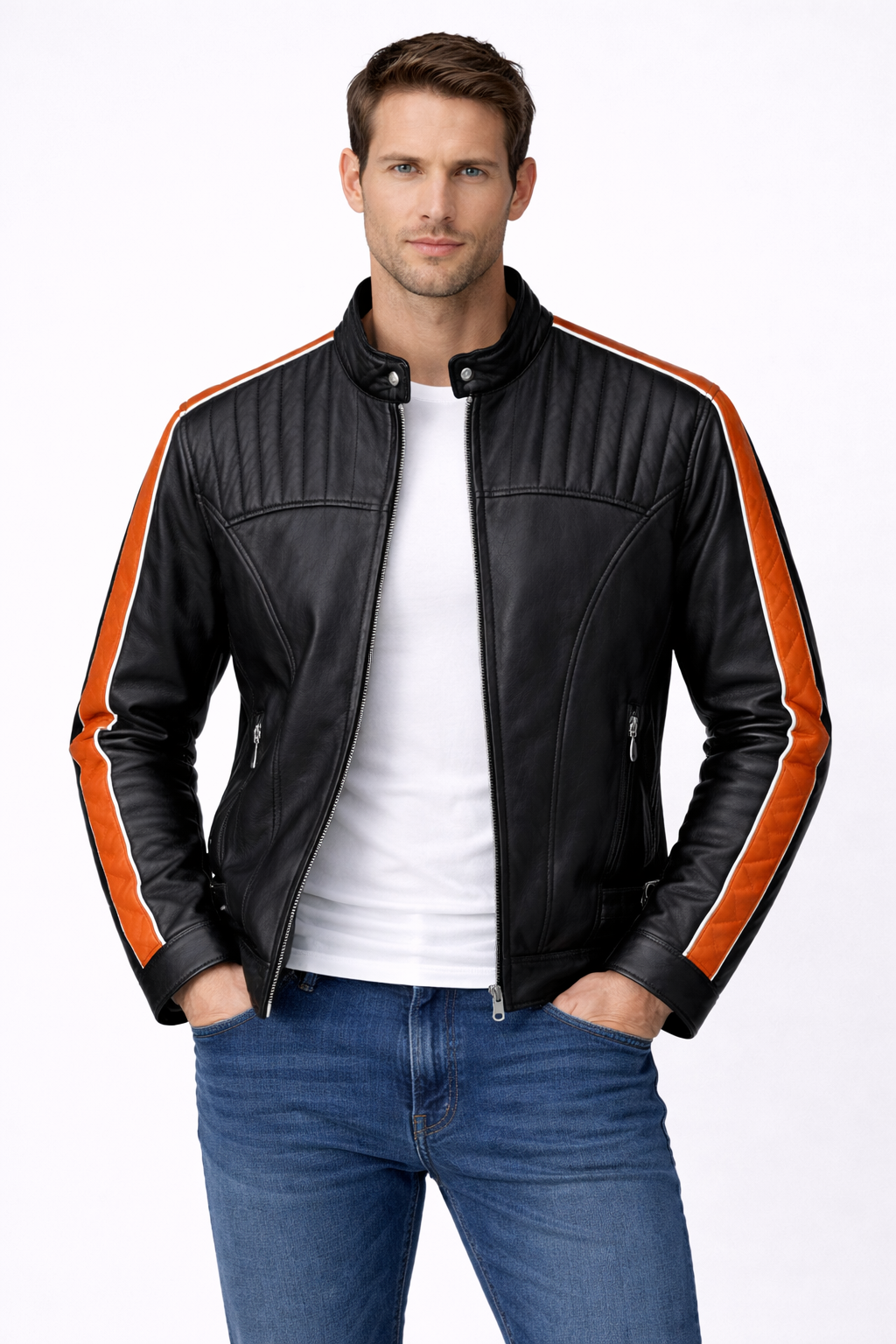 Black Racer Jacket with Orange Stripe – Premium Slim Fit
