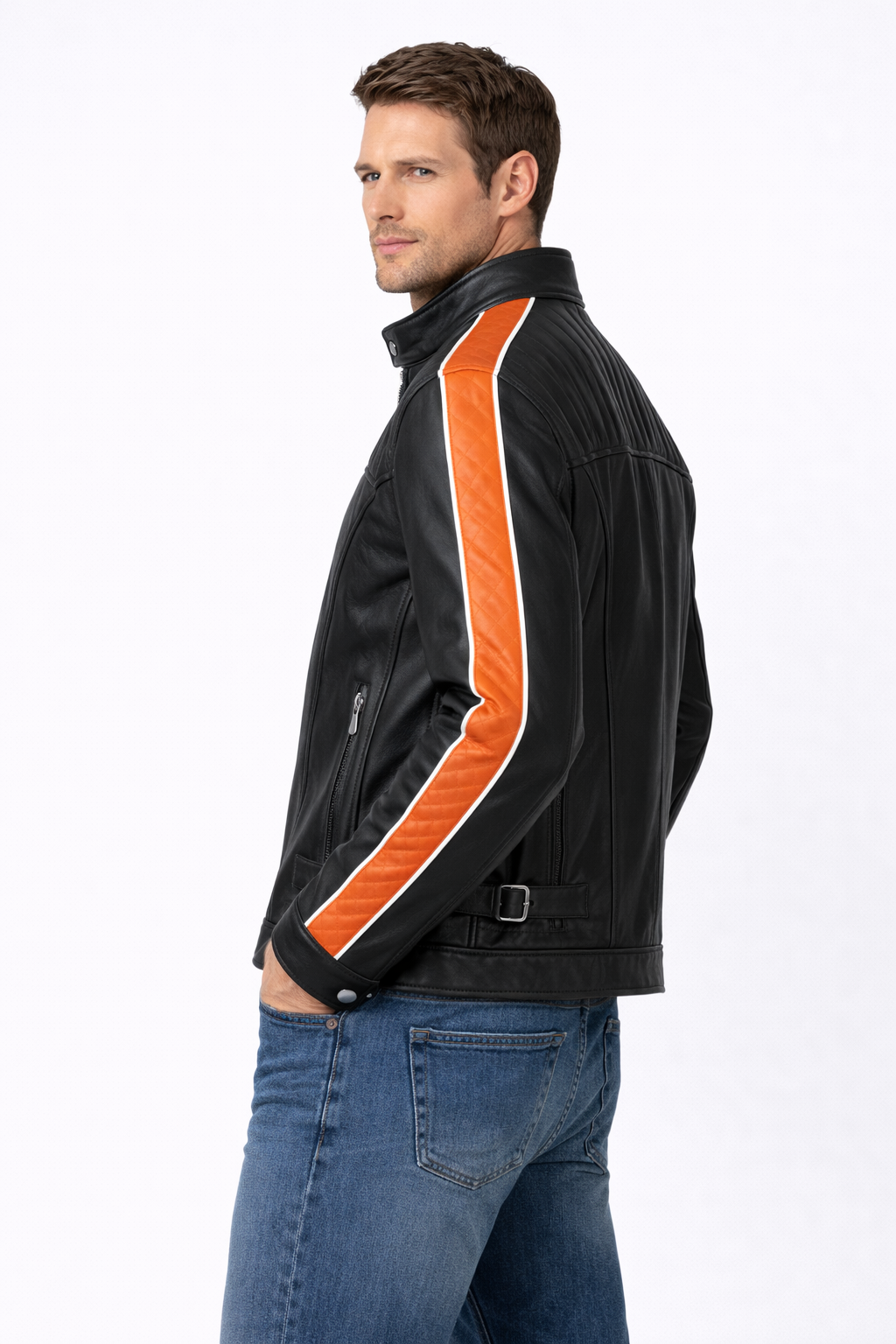 Black Racer Jacket with Orange Stripe – Premium Slim Fit