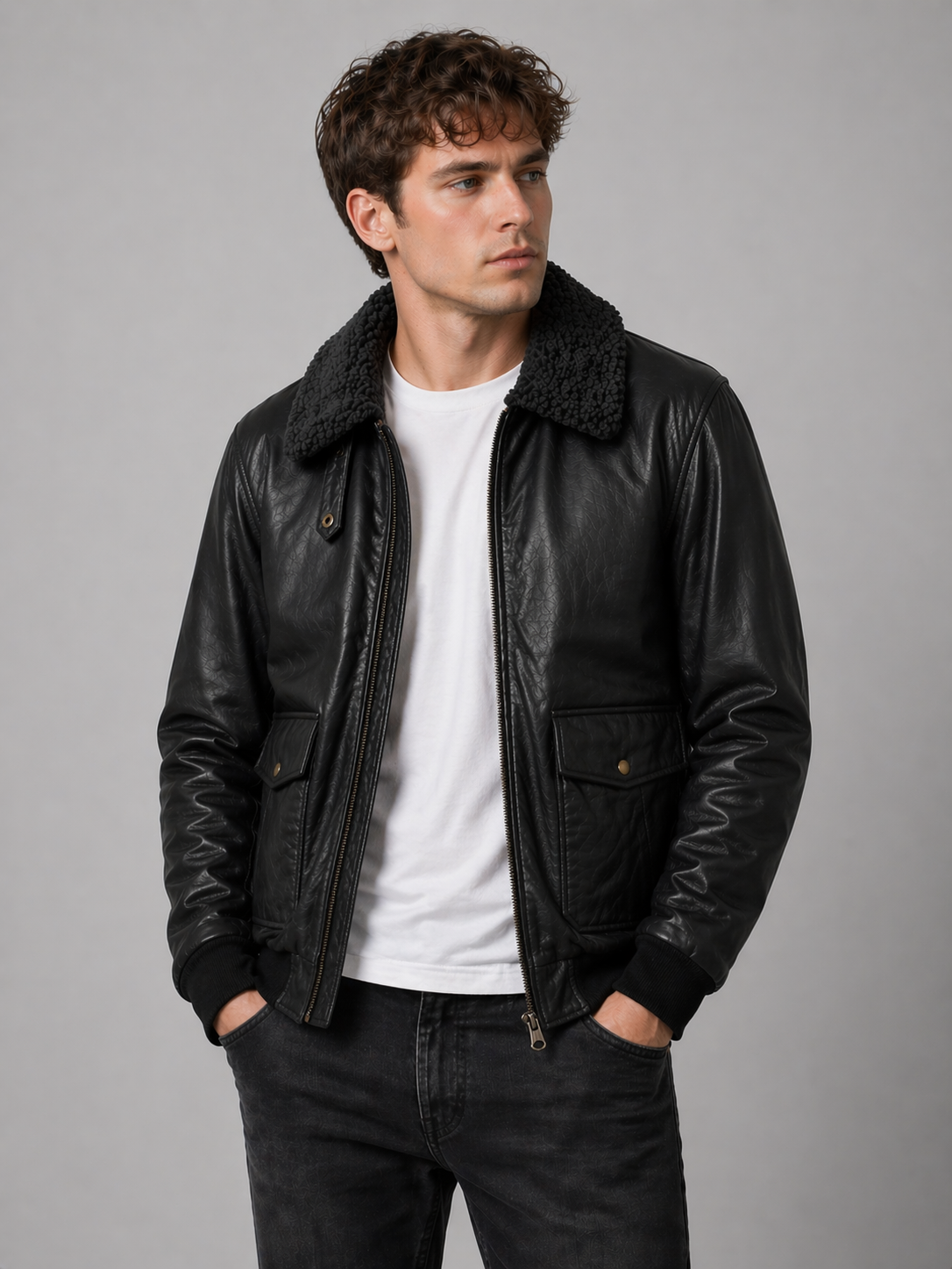 Black Bomber Jacket – Shearling Collar Edition