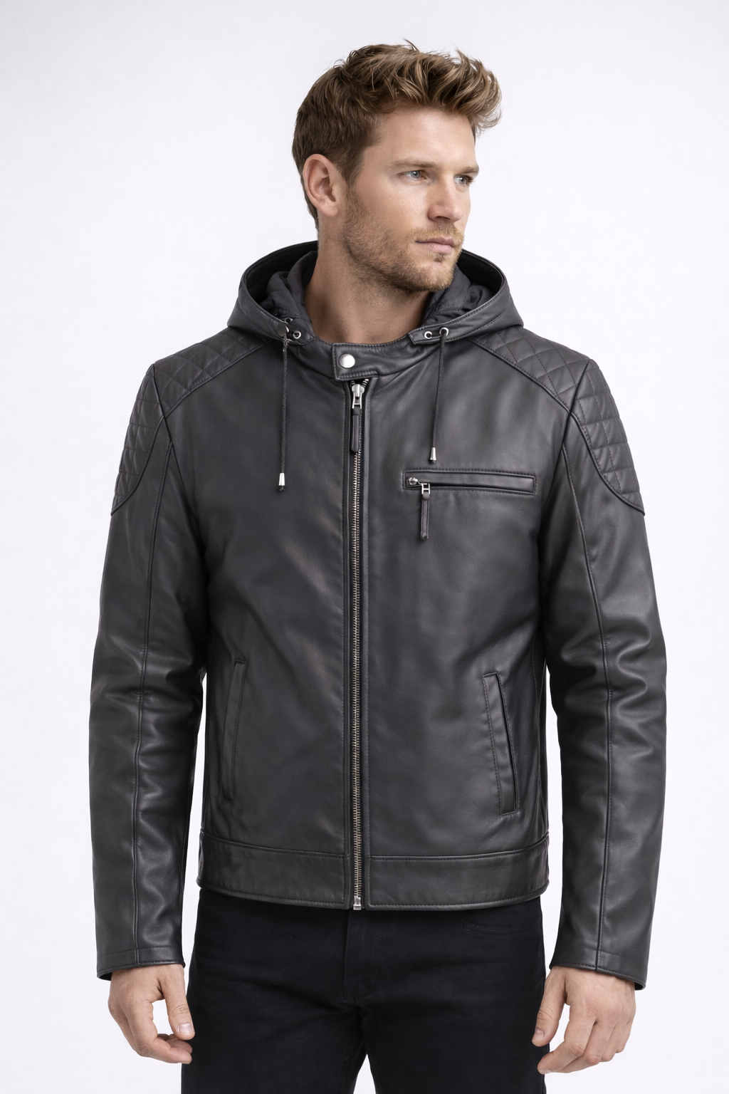 UrbanEdge Hooded Leather Jacket
