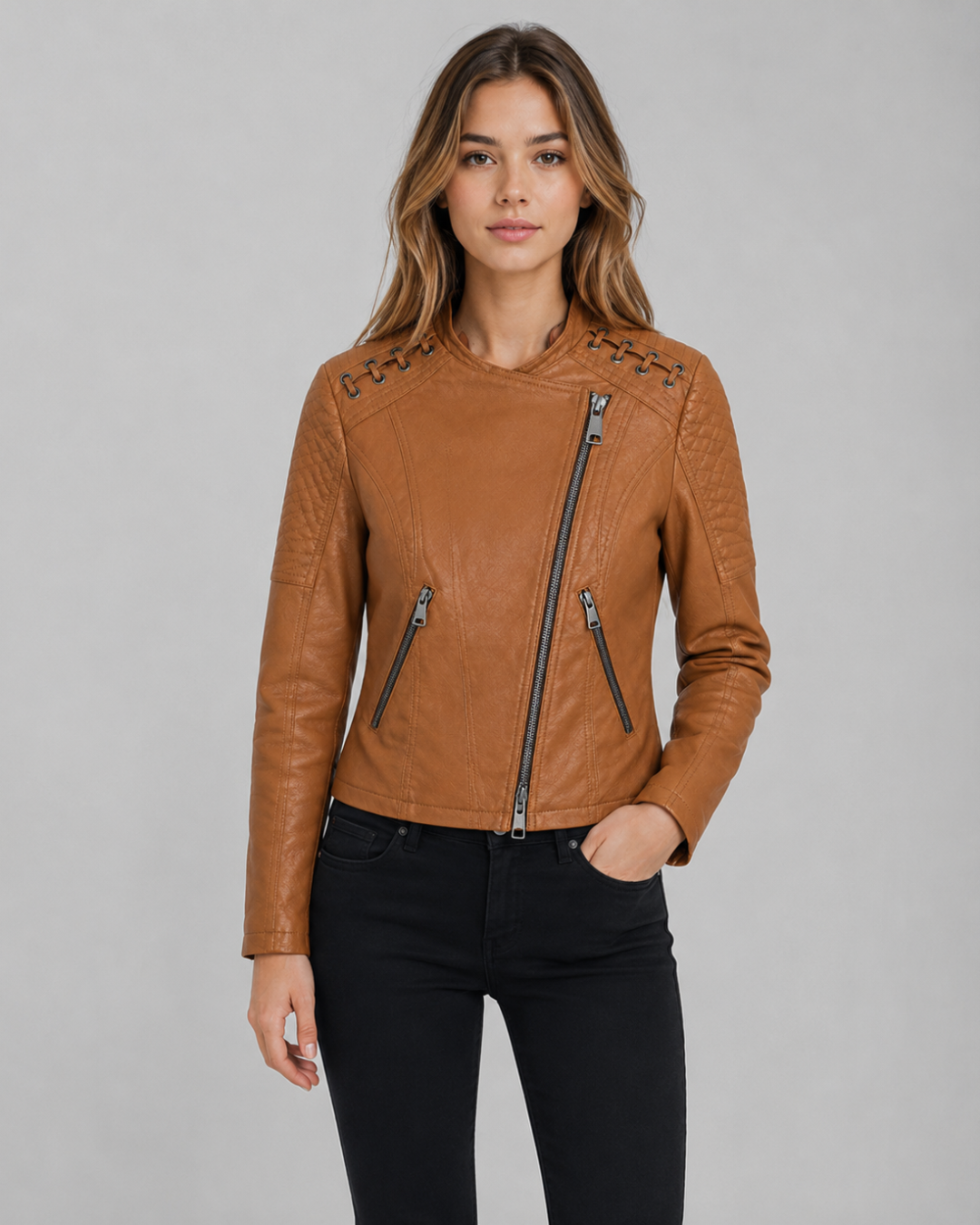 Lace Shoulder Moto Leather Jacket