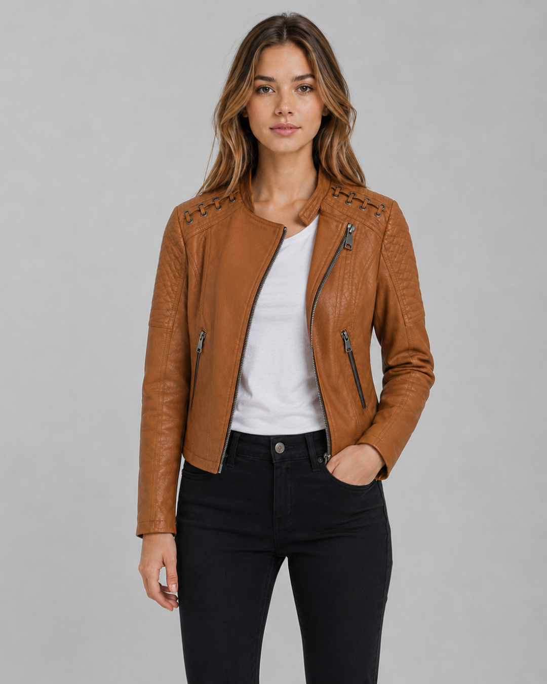 Lace Shoulder Moto Leather Jacket