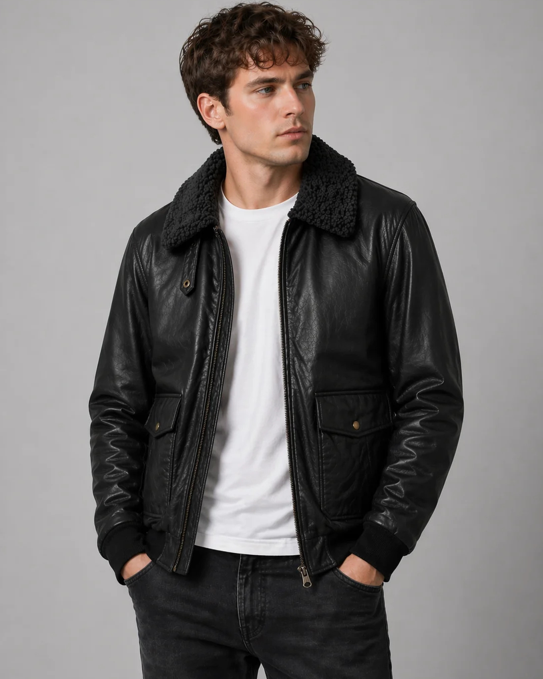 Black Bomber Jacket – Shearling Collar Edition