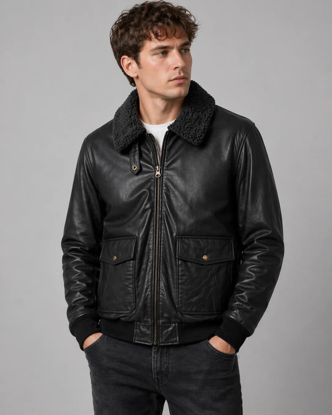 Black Bomber Jacket – Shearling Collar Edition